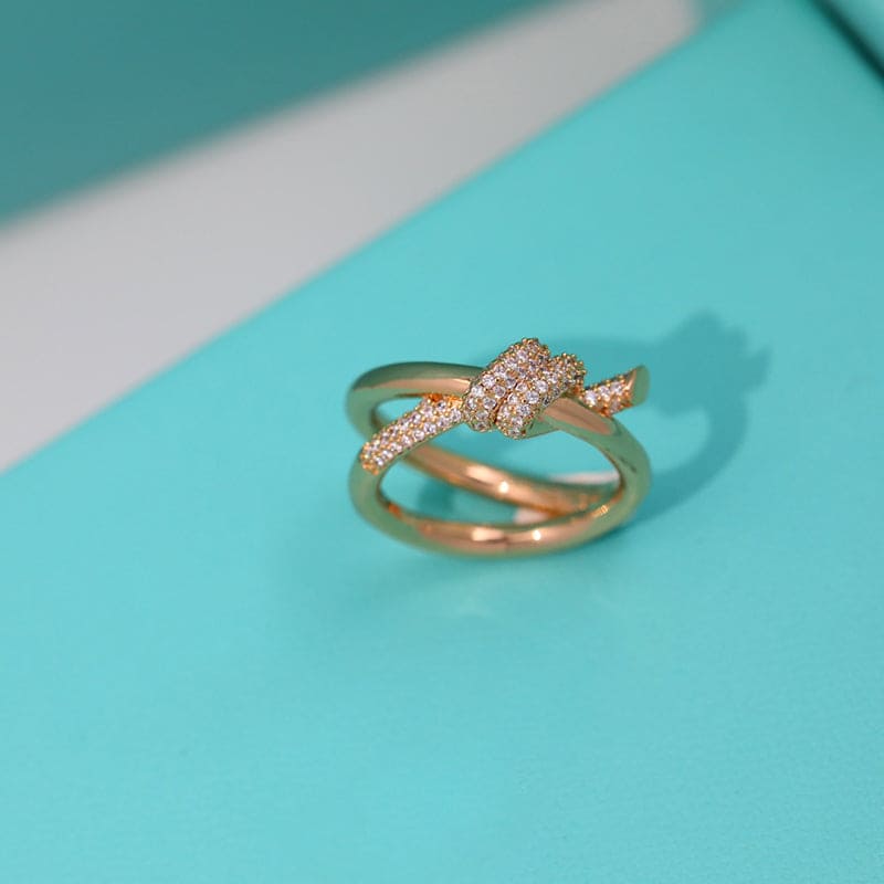 18K Tiffany Rose Gold Knot Double Row Diamonds Ring