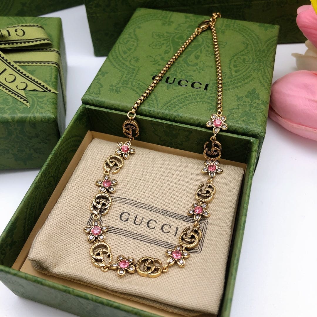 18K Gucci Double Interlocking Gucci Red Flowers Necklace