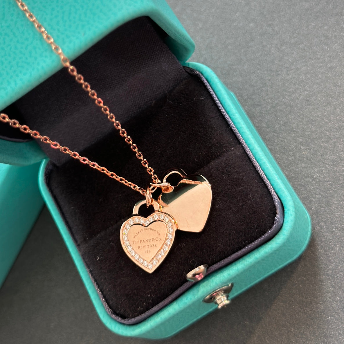 18K Tiffany Red Double Heart Diamond Necklace