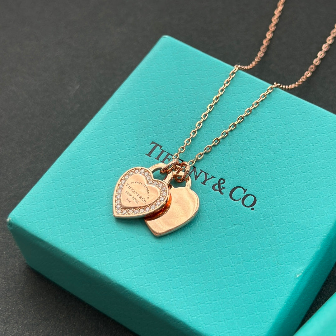 18K Tiffany Red Double Heart Diamond Necklace