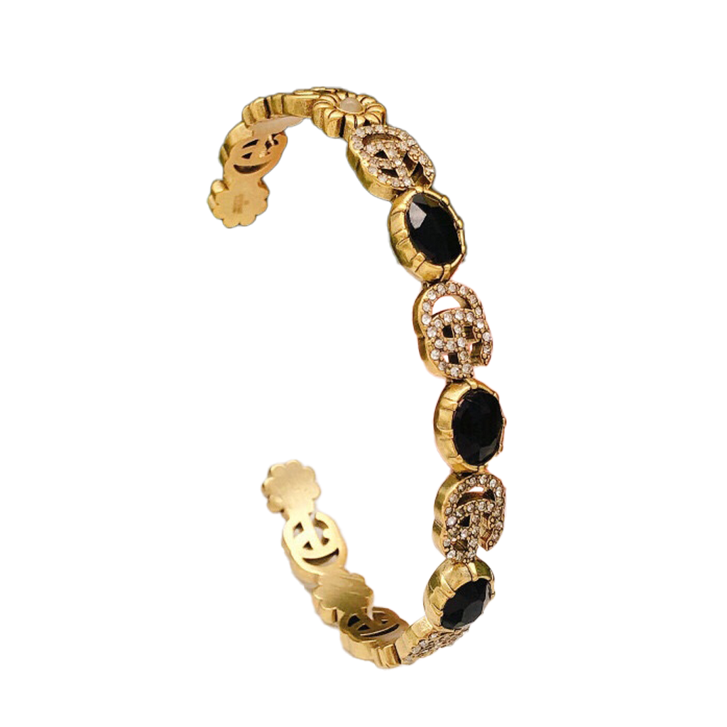 18K Gucci Double Flowers Black Crystals Open Cuff Bracelet