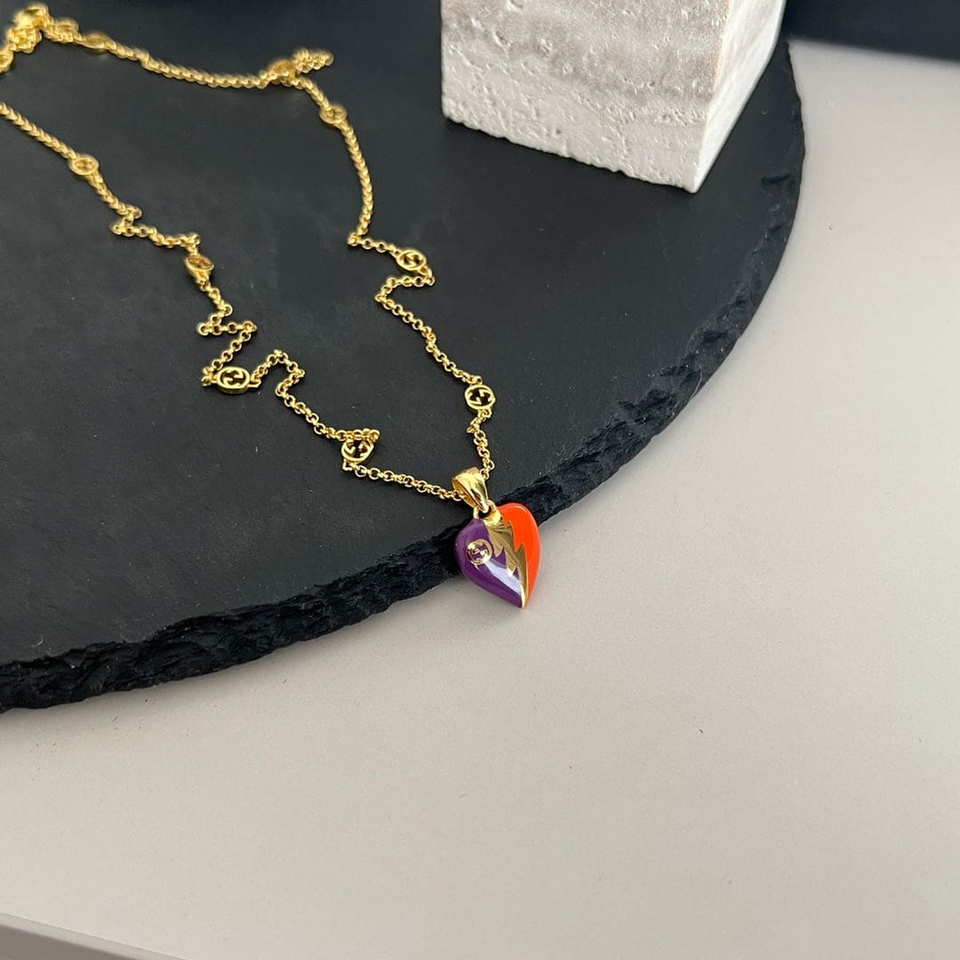 18K Gucci Double Interlocking Gucci Heart Lightning Charm Necklace