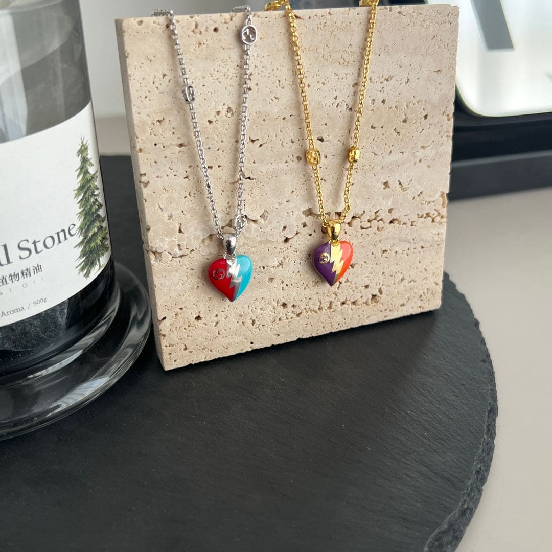 18K Gucci Double Interlocking Gucci Heart Lightning Charm Necklace