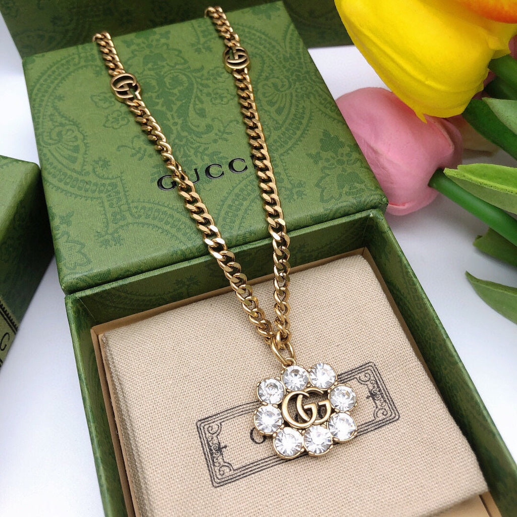 18K Gucci Double Flower Crystals Necklace