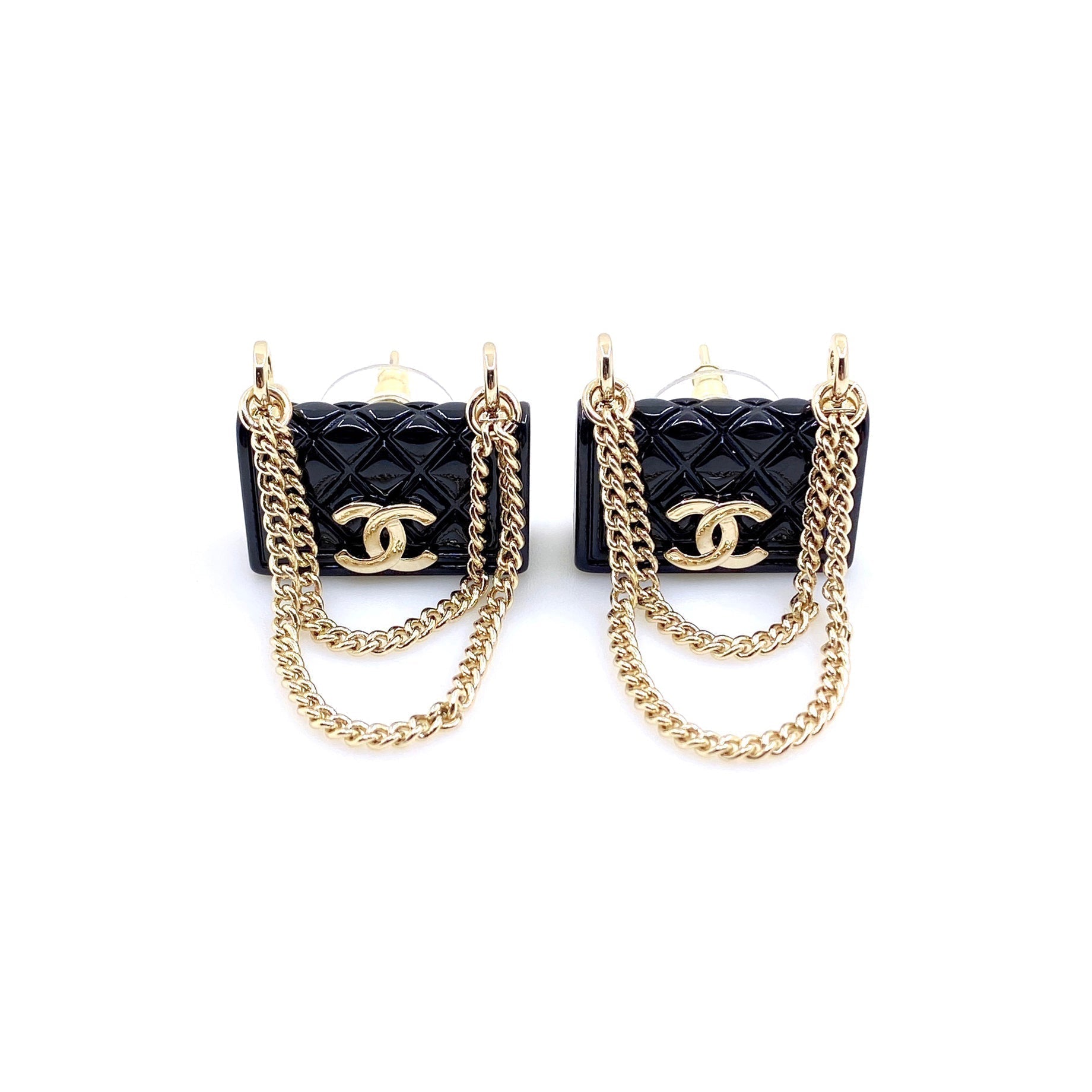 18K Chanel Black Bag Pendant Earrings