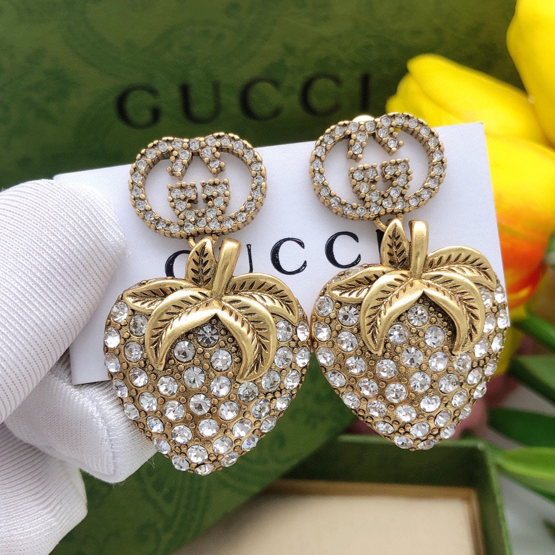 18K Gucci Double Crystal Strawberry Pendant Earrings