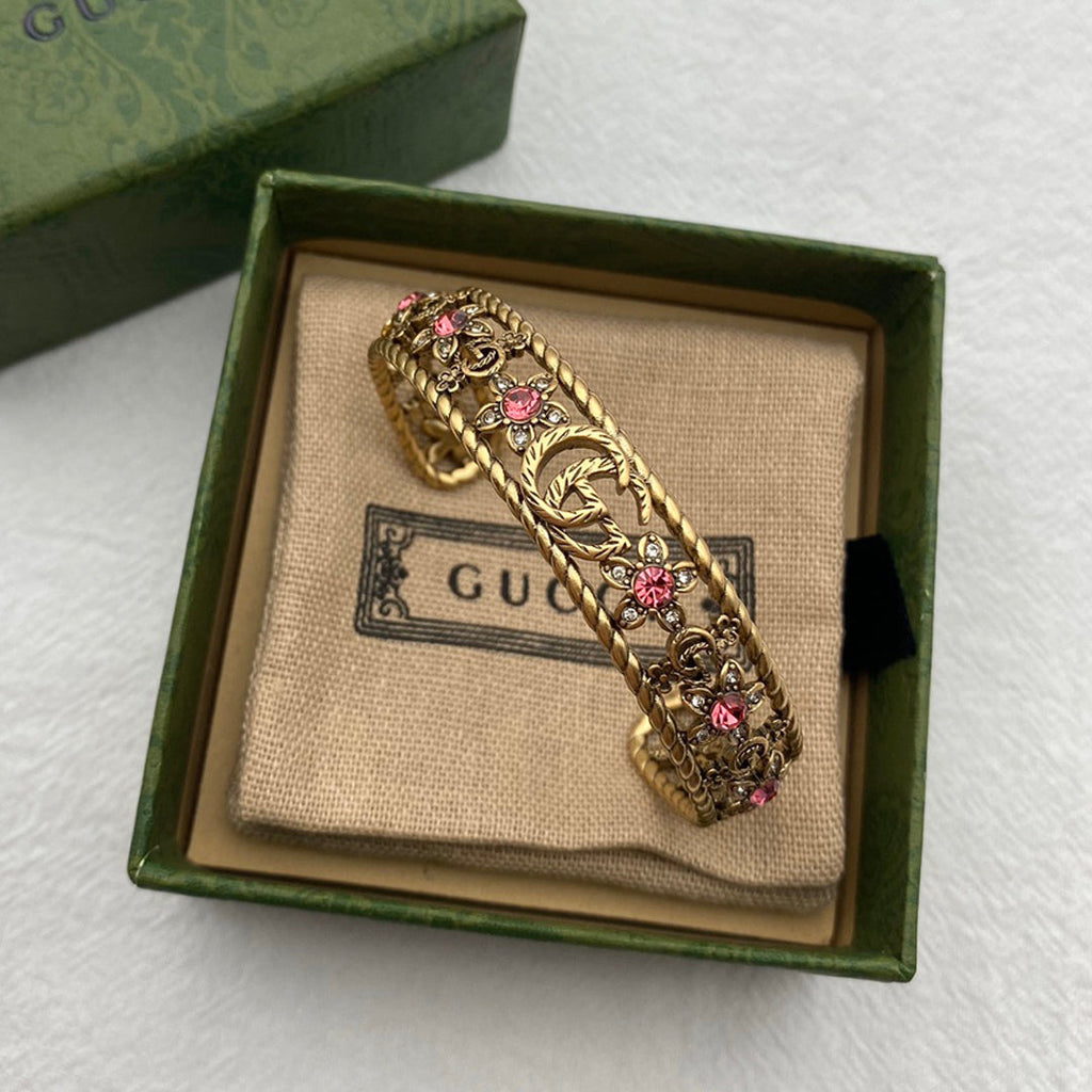 18K Gucci Double Red Crystal Flower Cuff Bracelet