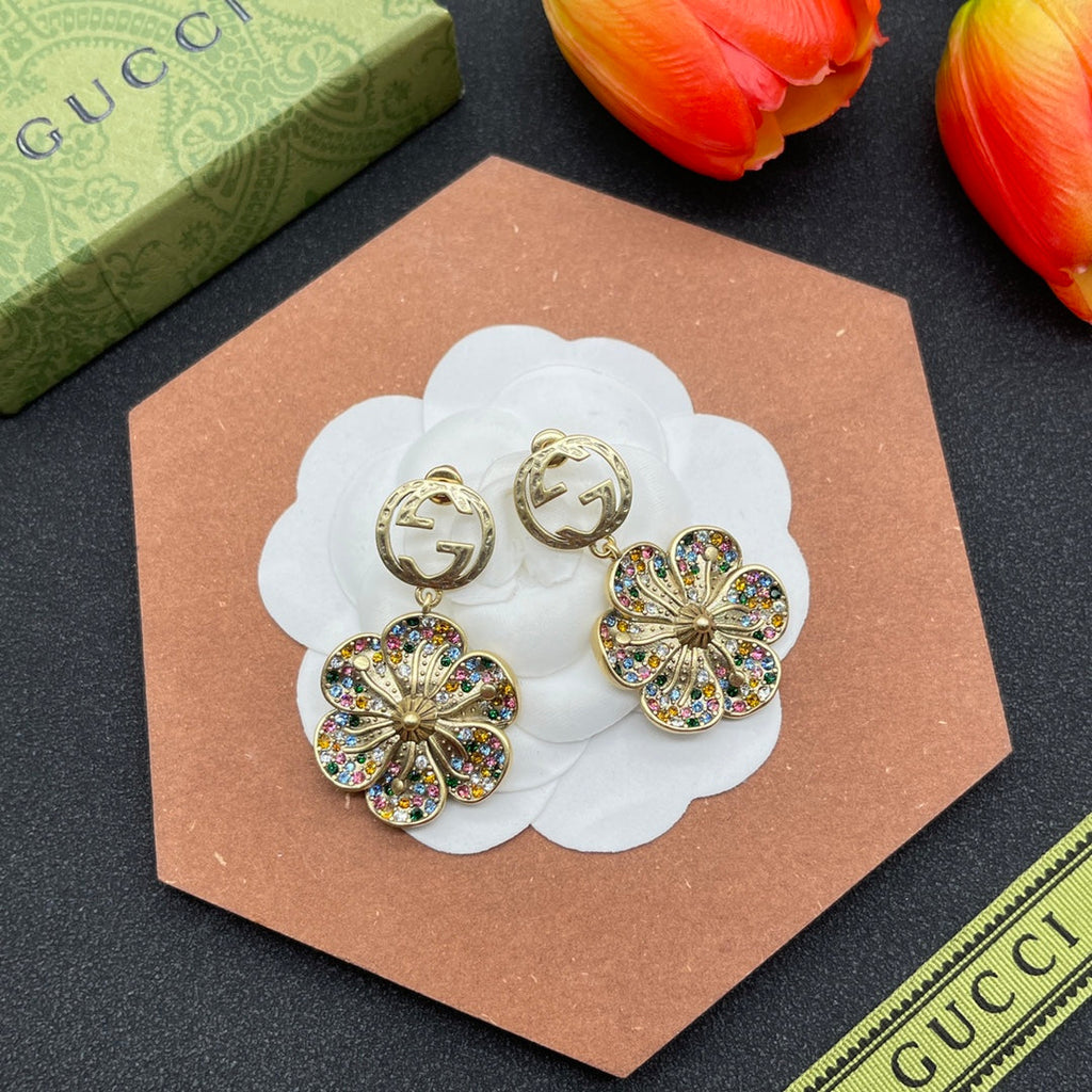18K Gucci Double Color Crystals Flower Earrings