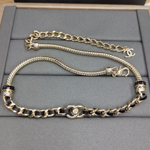 18K Chanel Black Leather Gold Chain Necklace