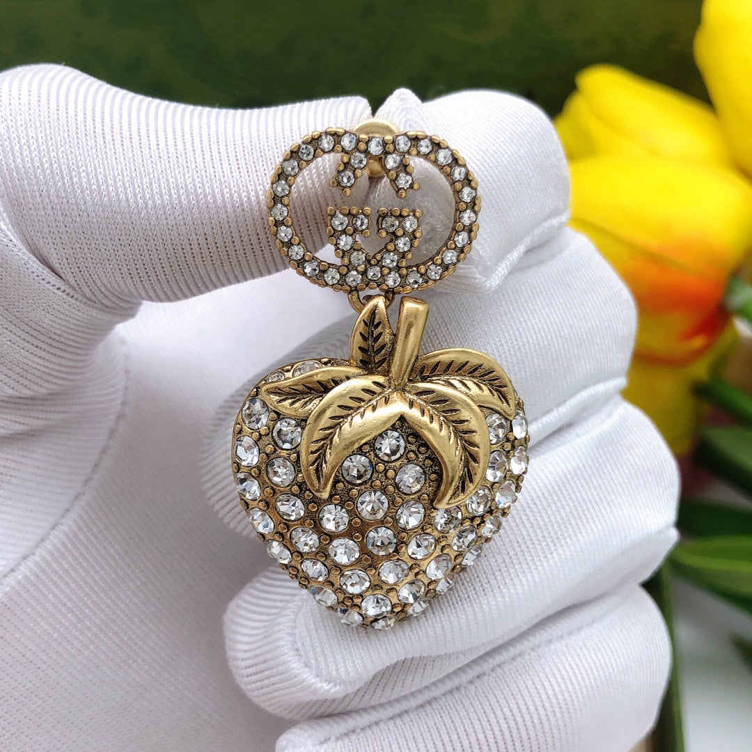 18K Gucci Double Crystal Strawberry Pendant Earrings