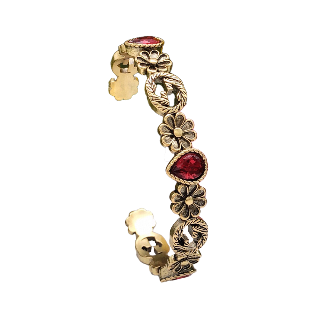 18K Gucci Double Flowers Red Crystals Open Cuff Bracelet