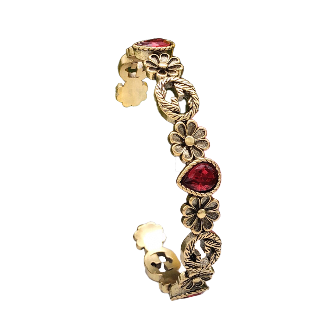 18K Gucci Double Flowers Red Crystals Open Cuff Bracelet
