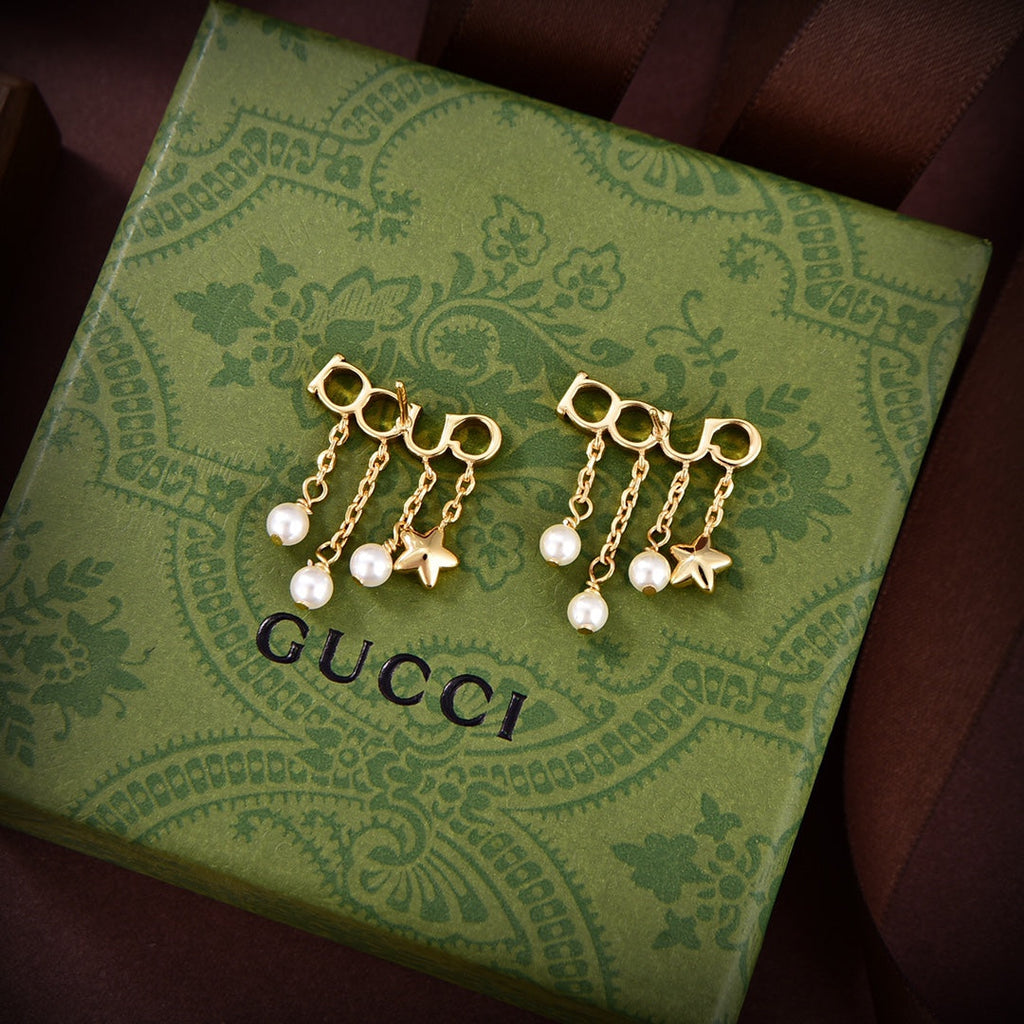 18K Gucci Double Script Pearl Earrings