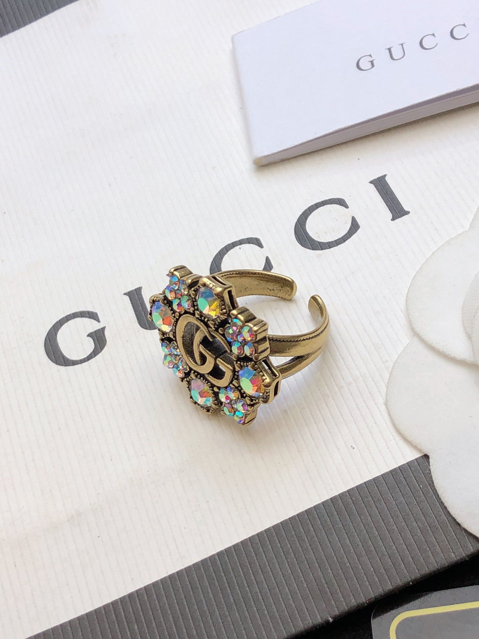 18K Gucci Double Crystal Flower Ring
