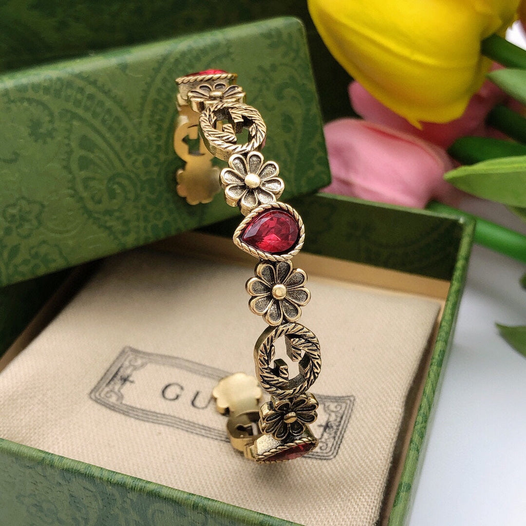 18K Gucci Double Flowers Red Crystals Open Cuff Bracelet