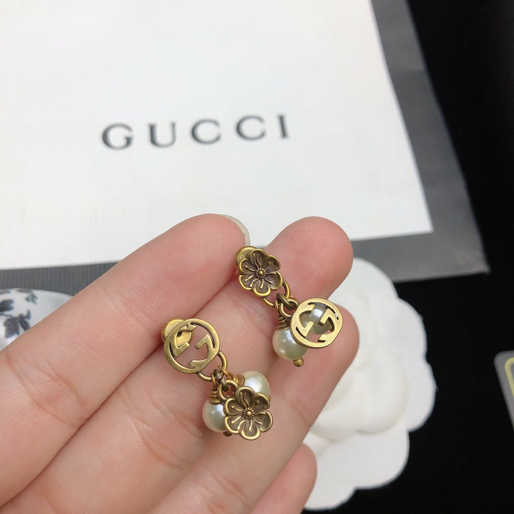 18K Gucci Double Flower & Pearl Pendant Earrings